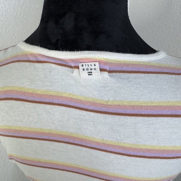 Billabong Womens Striped Short Sleeve Crewneck Top Size L White With Pink Yellow - Picture 4 of 5